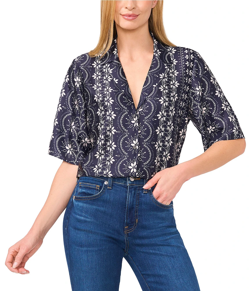 CeCe Woven Notch Collar Short Sleeve Button Front Camp Coordinating Shirt