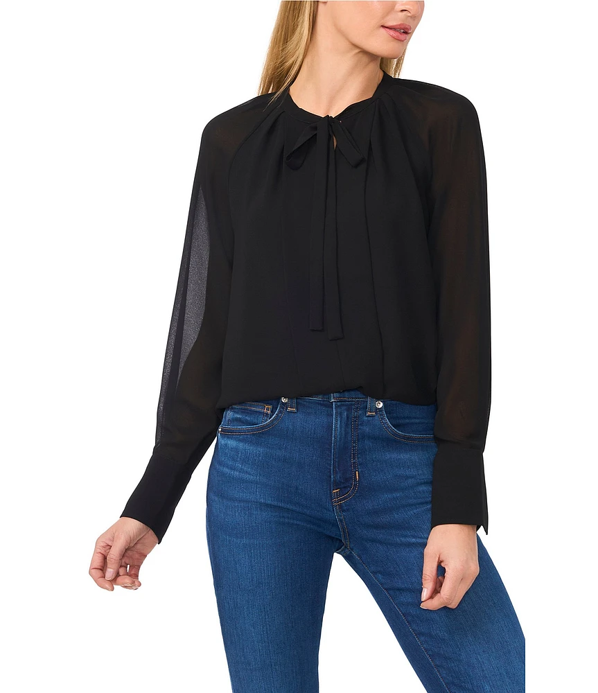 CeCe Woven V-Neck Long Sleeve Tie Front Blouse