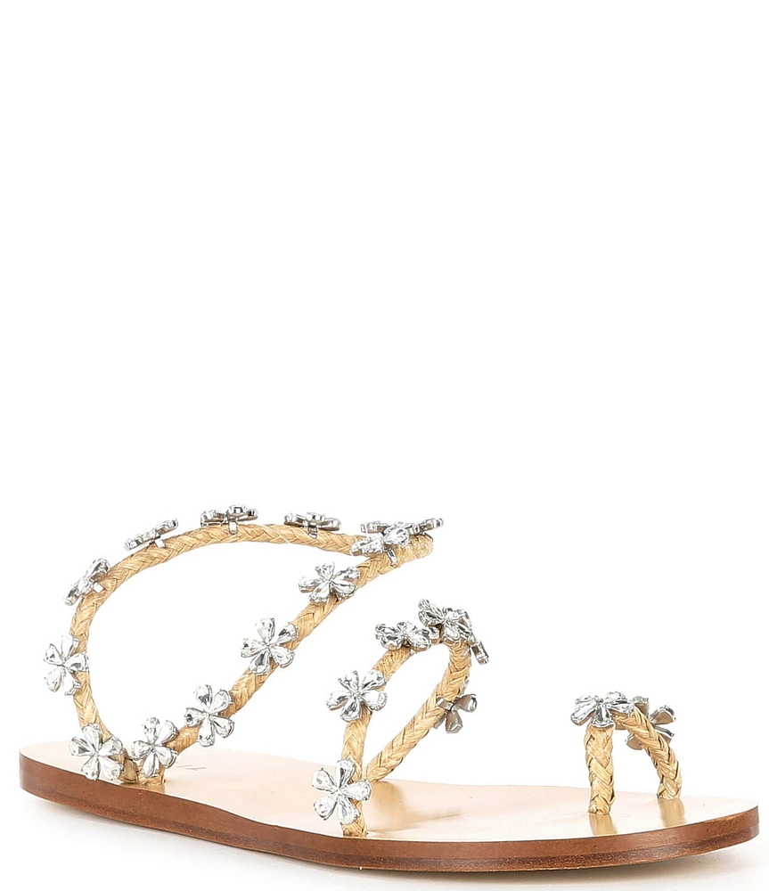 Cecelia New York Erin Raffia Crystal Flower Ornamented Toe Loop Sandals
