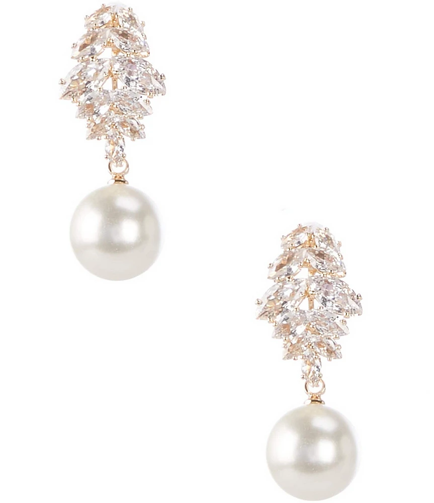 Cezanne Crystal CZ Navette Stone Cluster Pearl Drop Earrings