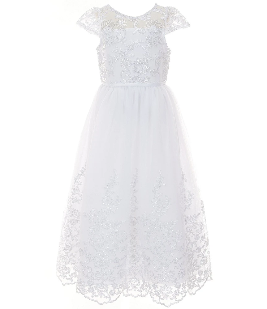 Chantilly Place Big Girls Cap-Sleeve Sequin-Embellished Embroidered/Mesh-Skirted Ballgown
