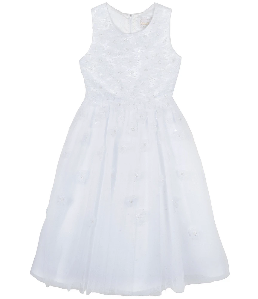 Chantilly Place Big Girls Sleeveless Three-Dimensional Flower-Appliqued Bodice/Mesh-Overlay Skirted Dress