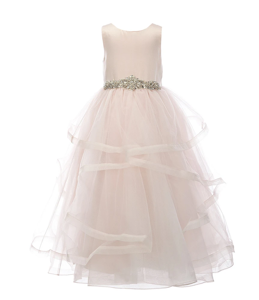 Chantilly Place Little Girls Satin/Cascade Mesh Jeweled Waist Detail Fit-And-Flare Dress