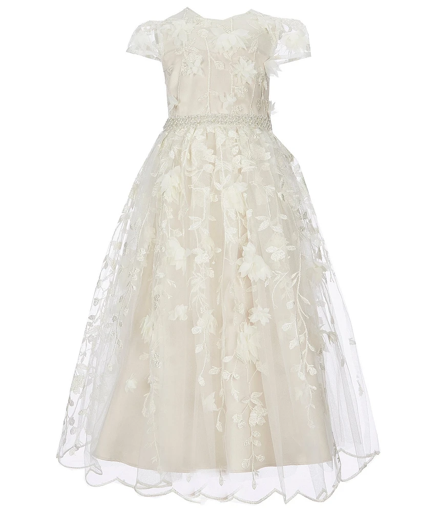 Chantilly Place Little Girls Cap Sleeve Pearl Embellished Waist Floral Embroidered Scalloped Hem Gown