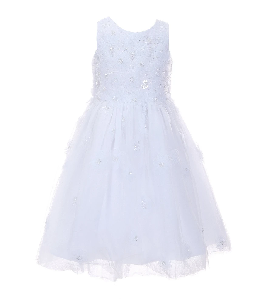 Chantilly Place Little Girls Sleeveless 3D Flower-Appliqued Bodice/Mesh-Skirted Tea-Length Dress
