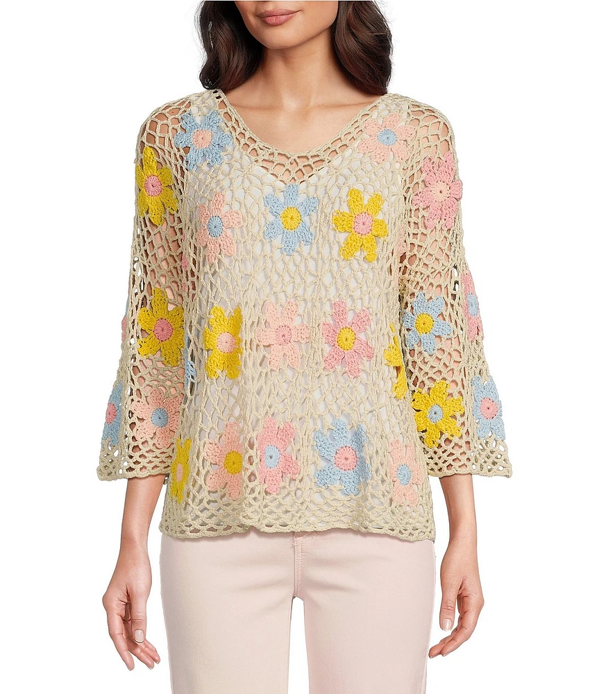 Charlie B. Crochet Floral Knit Round Neck Long Sleeve Top