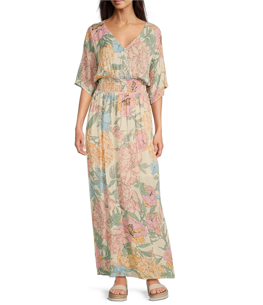 Charlie B. Floral Print V-Neck 3/4 Dolman Sleeve Smocked Maxi A-Line Dress