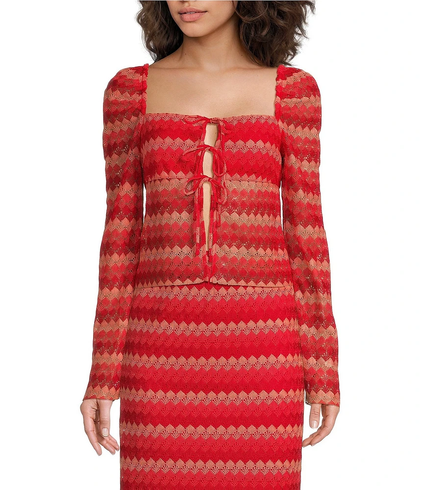 Chelsea & Violet Coordinating Ally Tie Front Square Neck Long Sleeve Chevron Print Crochet Blouse
