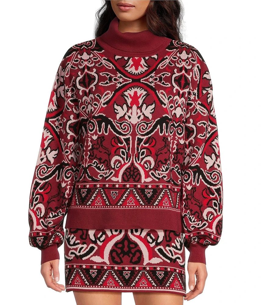 Chelsea & Violet Arlo Fair Isle Knit Turtleneck Long Blouson Sleeve Cropped Sweater