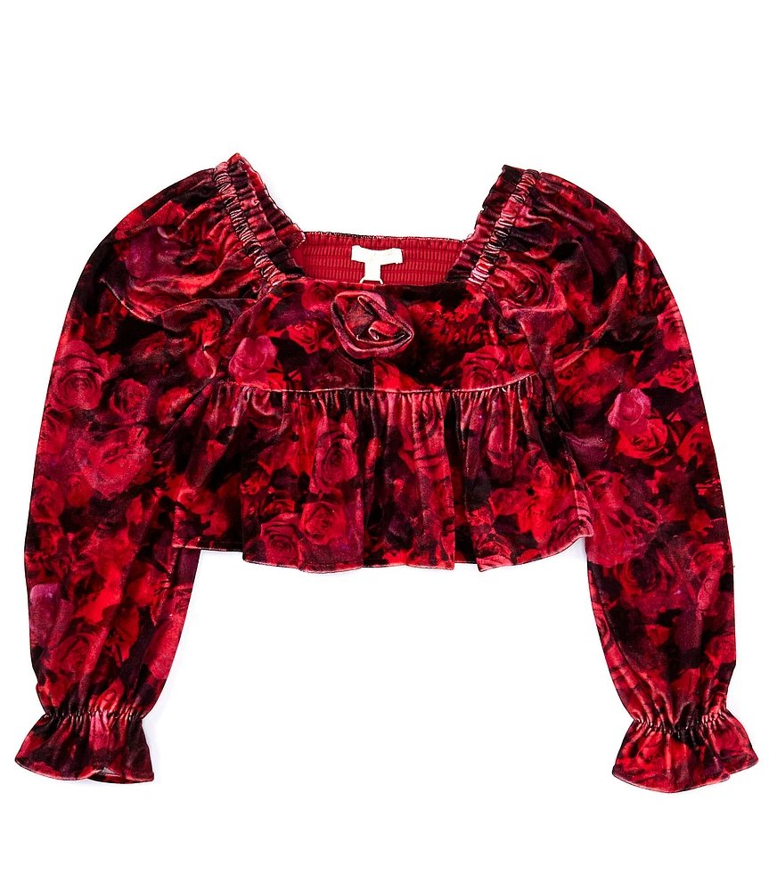 Chelsea & Violet Big Girls Long Sleeve Velvet Rose Print Velvet Top