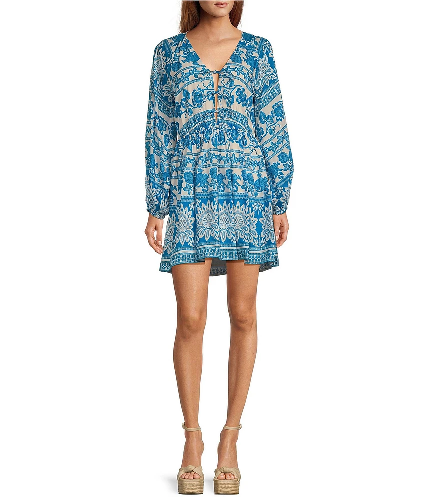 Chelsea & Violet Cadence Printed V Neckline Long Sleeve Tie Front Dress