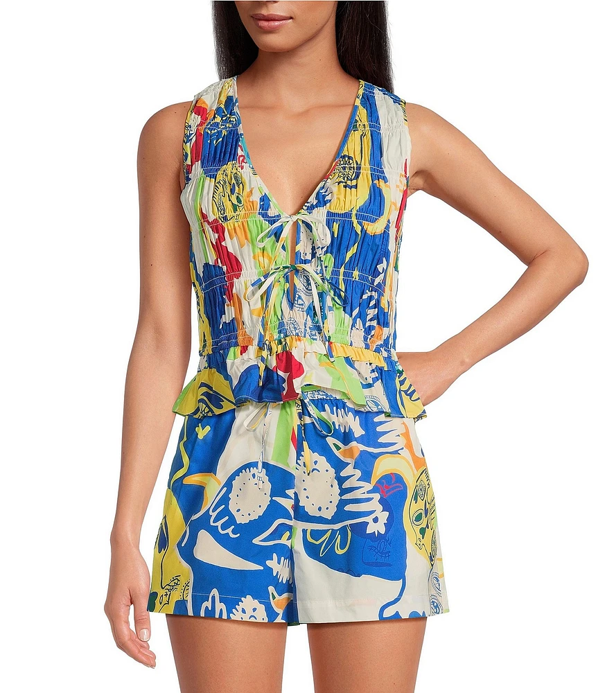 Chelsea & Violet Coordinating Natalie Printed Sleeveless V-Neckline Self Tie Smock Detail Front Blouse