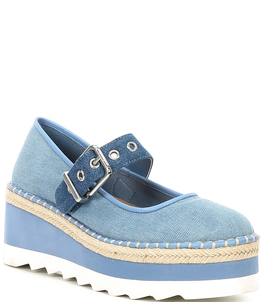 Chelsea & Violet Meridith Denim Mary Jane Platform Wedge Espadrilles
