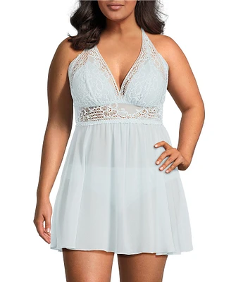 Cinema Etoile Plus Size Soft Cup Halter Babydoll with Crochet Lace