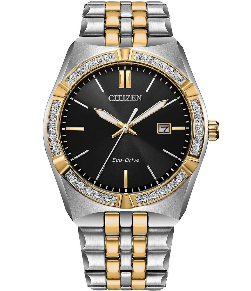 Citizen Men's Eco Drive Three Hand Two Tone Crystal Stainless Steel Bracelet Watch