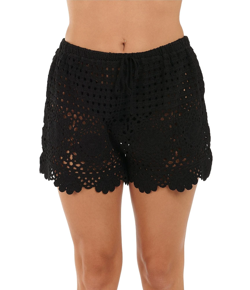 Citrus Crochet Elastic Waist Scalloped Hem Pull-On Swim Cover-Up Shorts