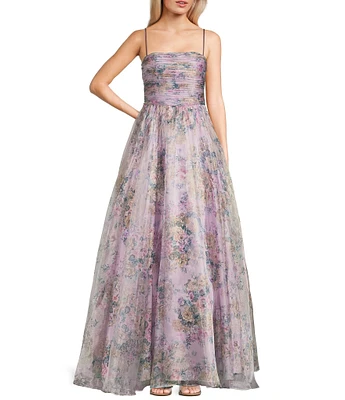 City Vibe Floral Print Square Neck Sleeveless Back Sash Tie Ballgown