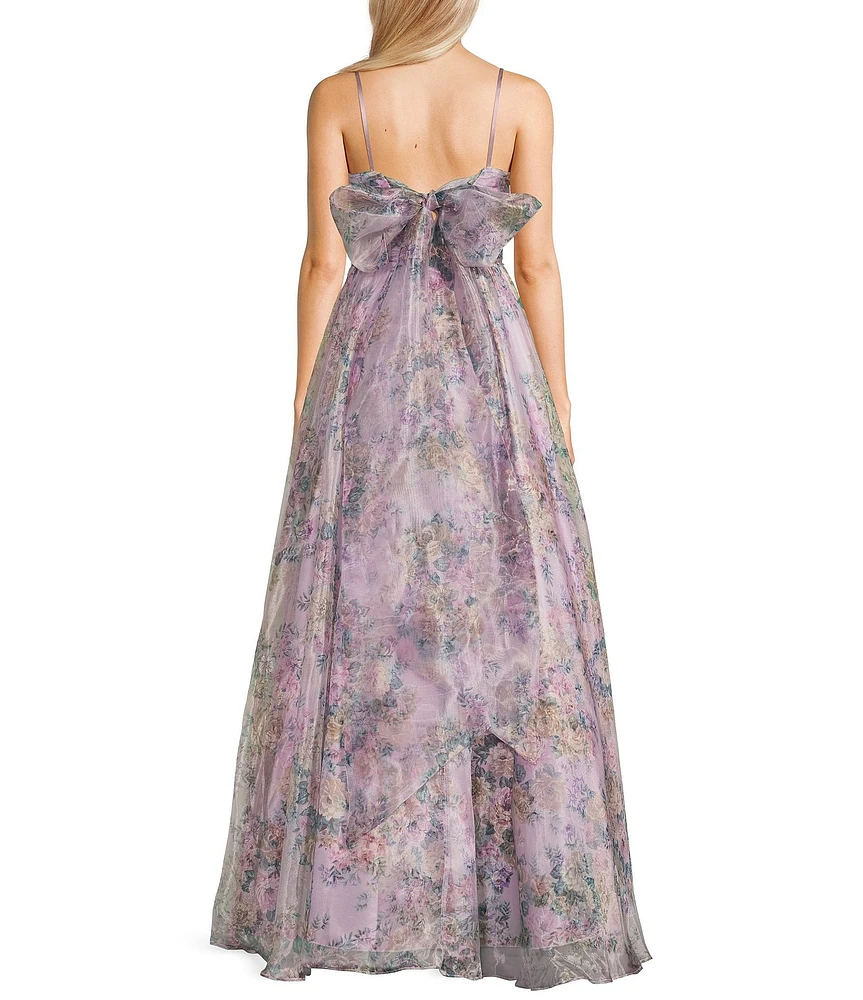 City Vibe Floral Print Square Neck Sleeveless Back Sash Tie Ballgown