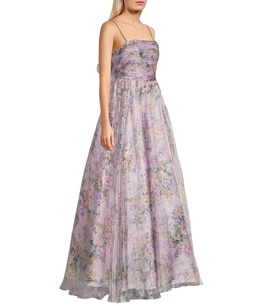 City Vibe Floral Print Square Neck Sleeveless Back Sash Tie Ballgown