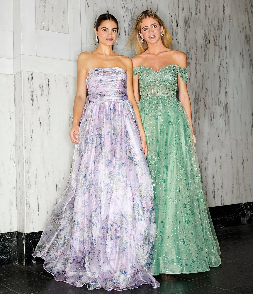 City Vibe Floral Print Square Neck Sleeveless Back Sash Tie Ballgown