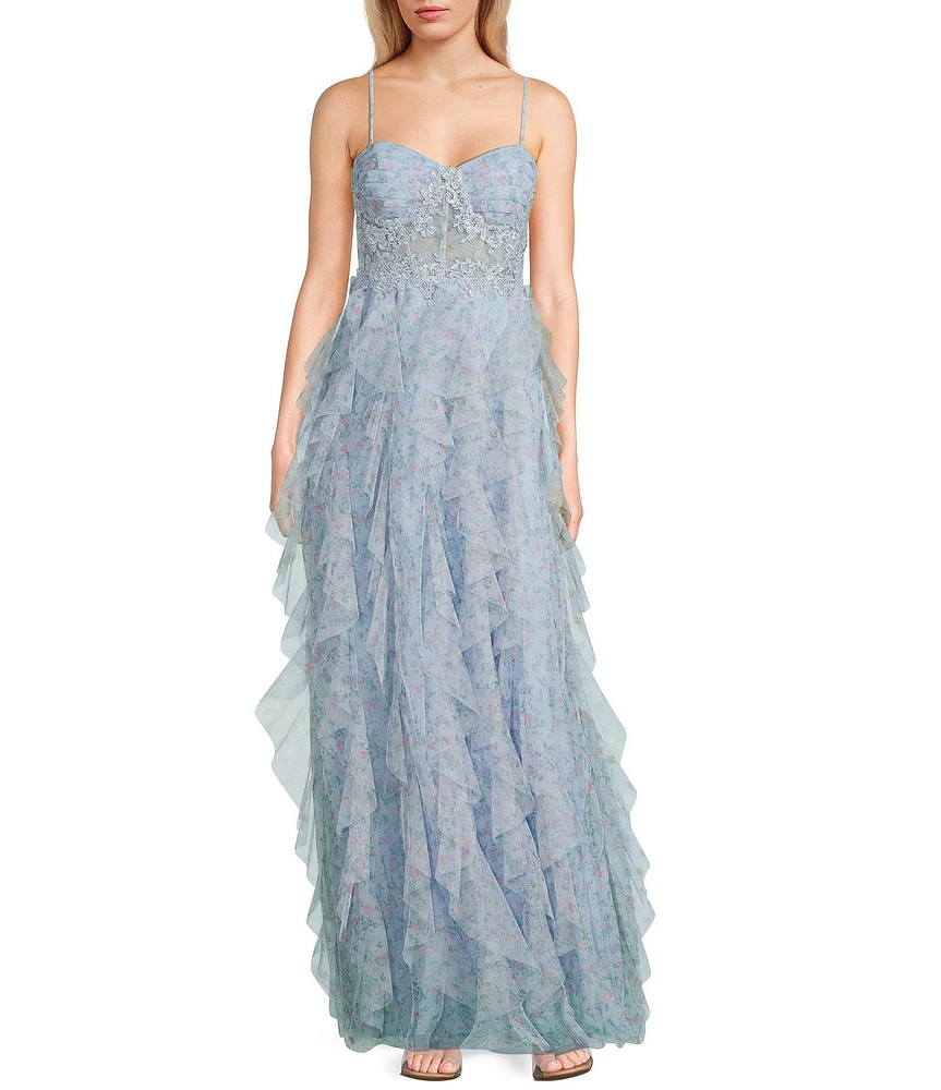 City Vibe Floral Tulle Spaghetti Strap Sweetheart Neck Ruffled Dress