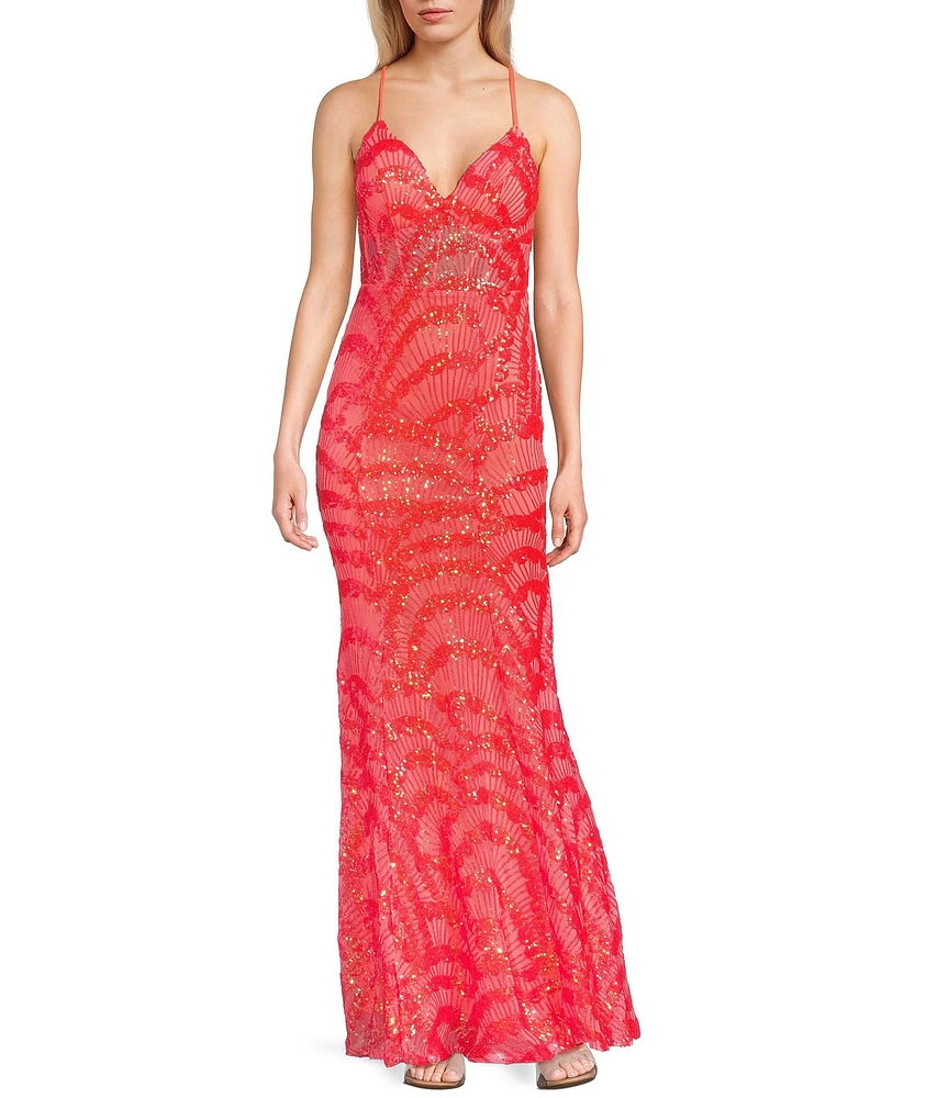 City Vibe Lace/Sequin Plunge Neck Spaghetti Strap Corset Waist Fit & Flare Dress