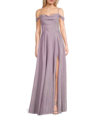 City Vibe Off-The-Shoulder Drape Neck Spaghetti Strap Ballgown