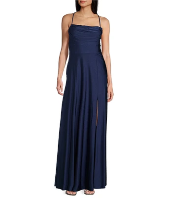 City Vibe Pleated Drape Neck Spaghetti Strap Tie Back Front Slit Gown