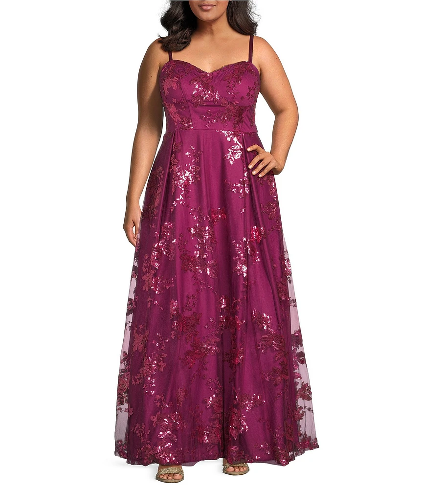 City Vibe Plus Size Embellished Sequin Spaghetti Strap Sweetheart Neck Ball Gown