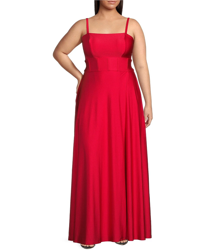 City Vibe Plus Square Neck Spaghetti Strap Side Slit Dress