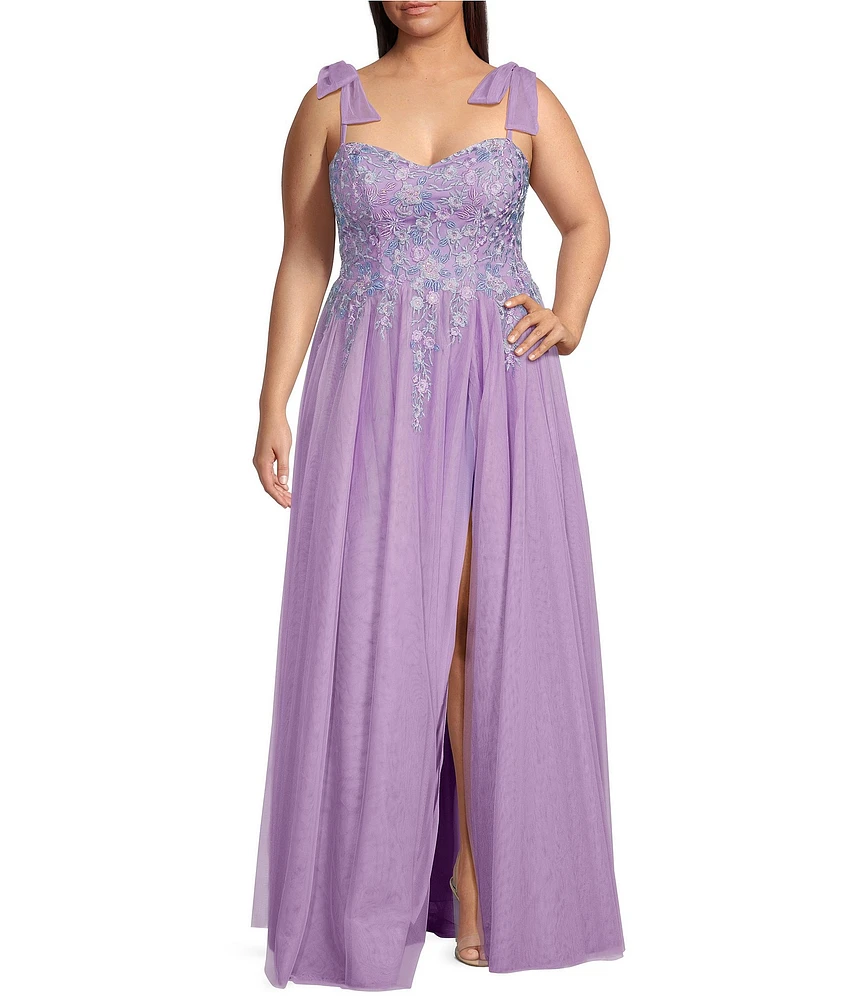 City Vibe Plus Sweetheart Neck Spaghetti Tie Straps Embroidered Applique Bodice Side Slit Gown