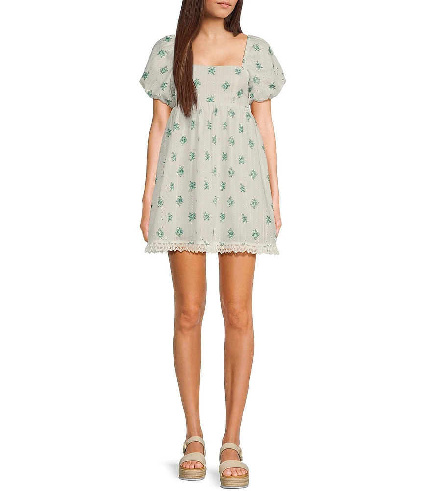 City Vibe Printed Square Neck Short Puff Sleeve Babydoll Dress