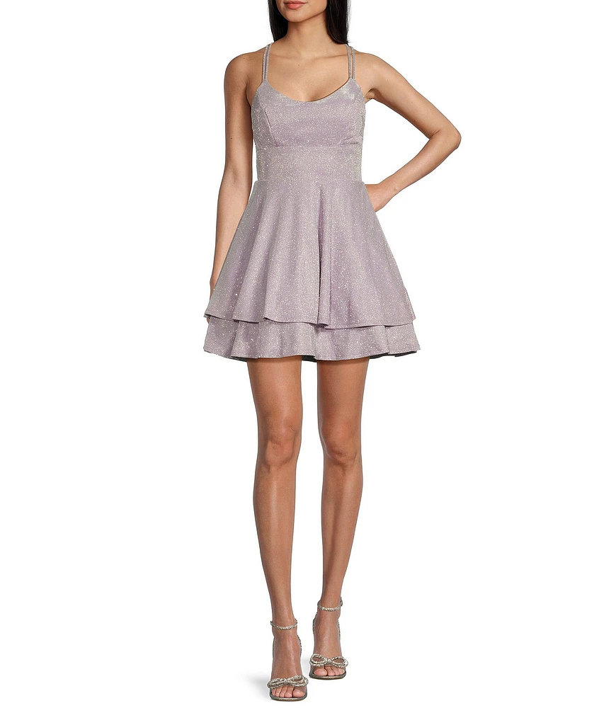 City Vibe Glitter Metallic Scoop Neck Spaghetti Strap X-Back Skater Dress