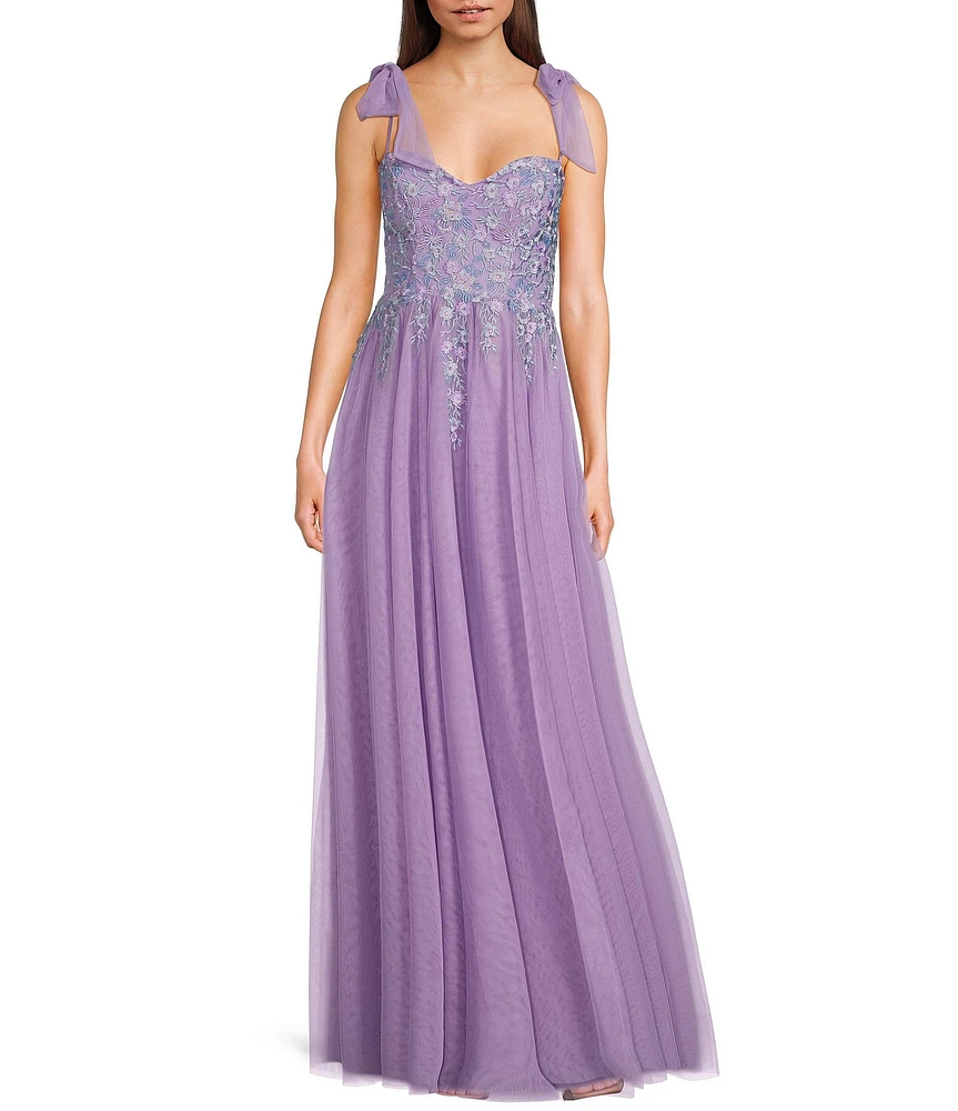 City Vibe Sweetheart Neck Spaghetti Tie Straps Embroidered Applique Bodice Side Slit Gown