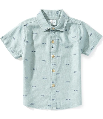 Class Club Little Boys Fish Print Woven Linen Button Front Shirt