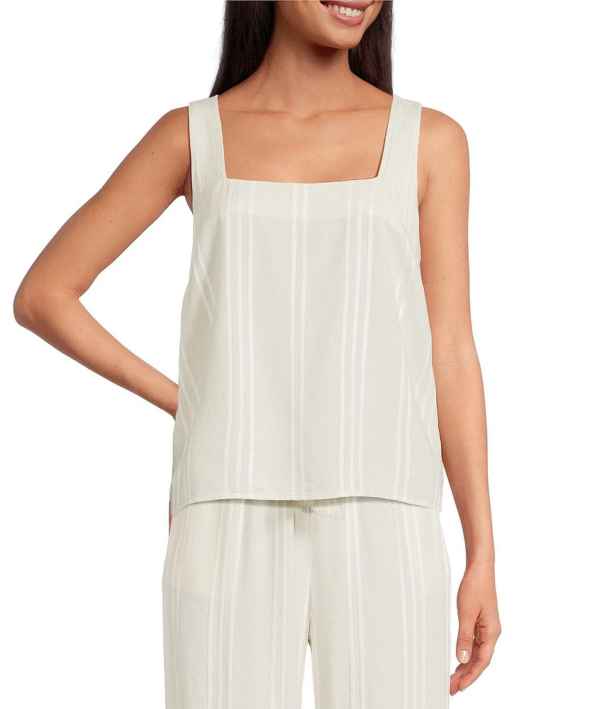Cloth & Stone Linen Blend Button Back Knit Striped Scoop Sleeveless Coordinating Tank
