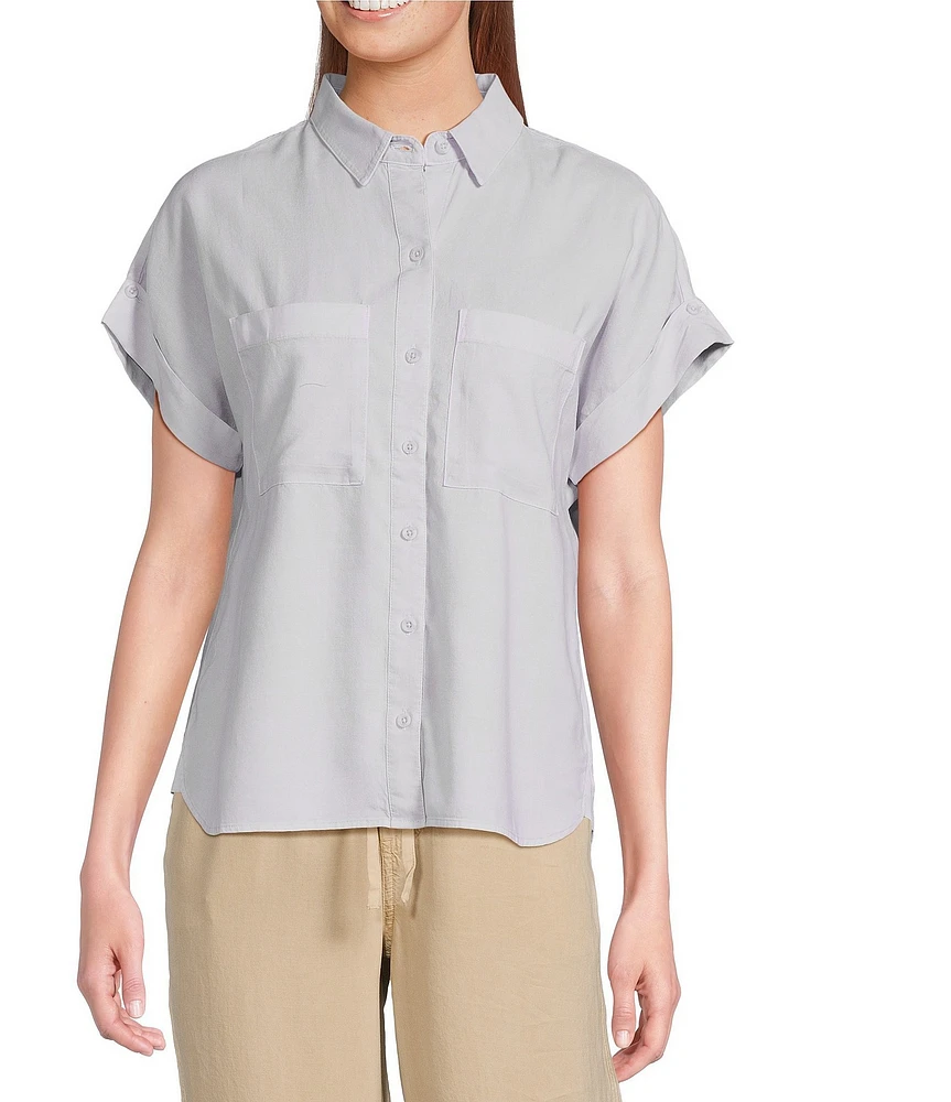 Cloth & Stone Woven Rolled Short Sleeve Point Collar Top