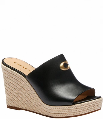 COACH Gloria Leather Logo Hardware Espadrille Wedge Slide Sandals