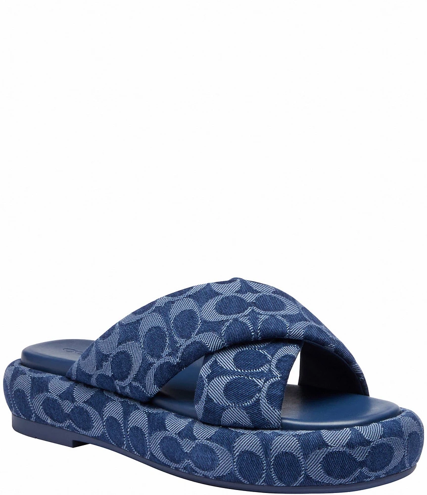 COACH Penelope Signature C Logo Denim Platform Slide Sandals