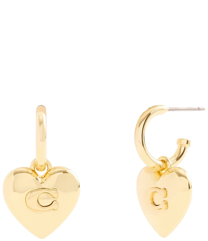 COACH Signature Heart Charm Huggie Hoop Drop Earrings