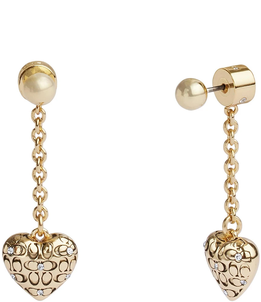 COACH Signature Quilted Heart Crystal Linear Front Back Earrings