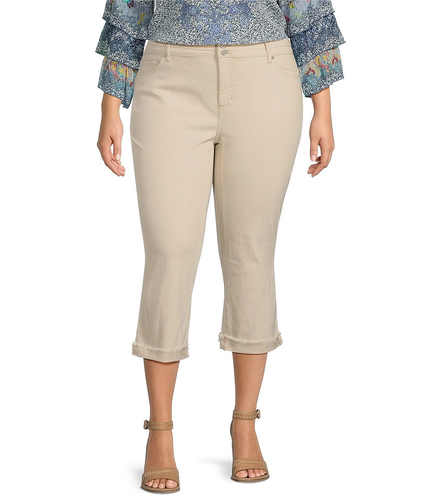 Code Bleu Plus Size Twill High Rise Frayed Cuff Hem Capri Jeans
