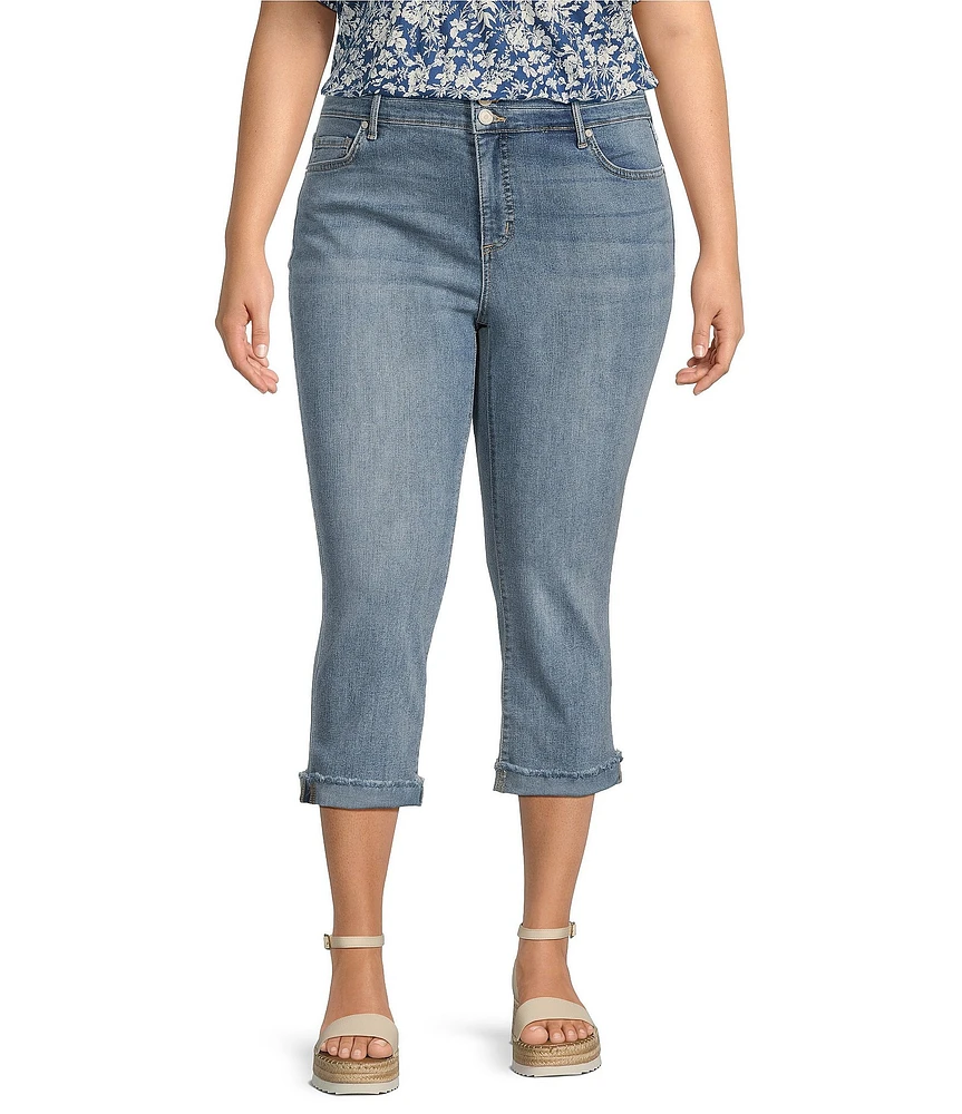 Code Bleu Plus Size Twill High Rise Frayed Cuff Hem Denim Capri Jeans