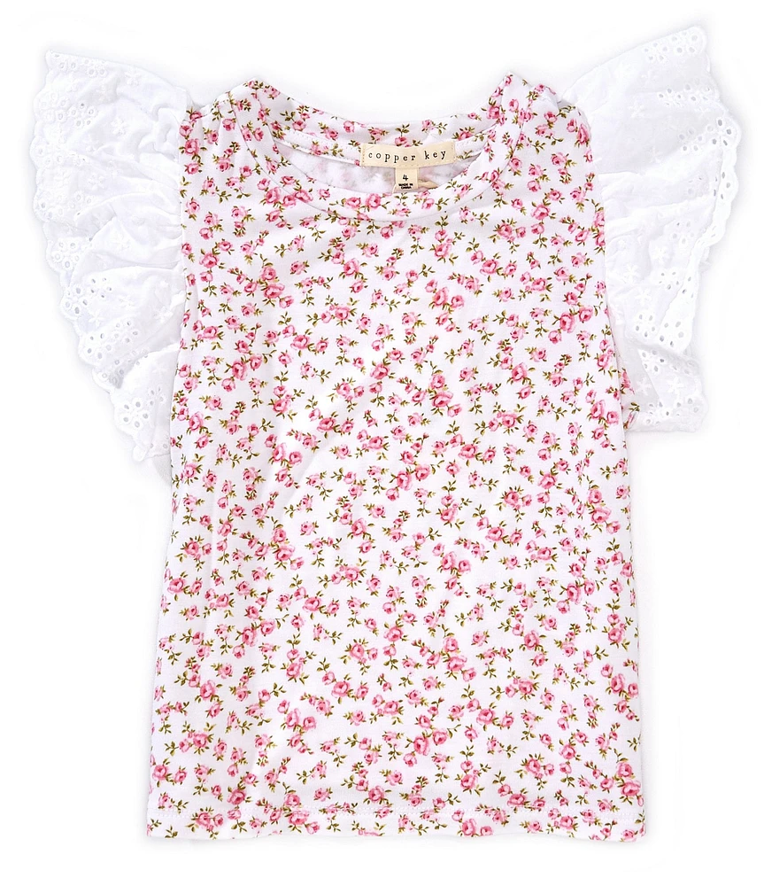 Copper Key Little Girls Floral Print Eyelet Flutter Sleeve Top