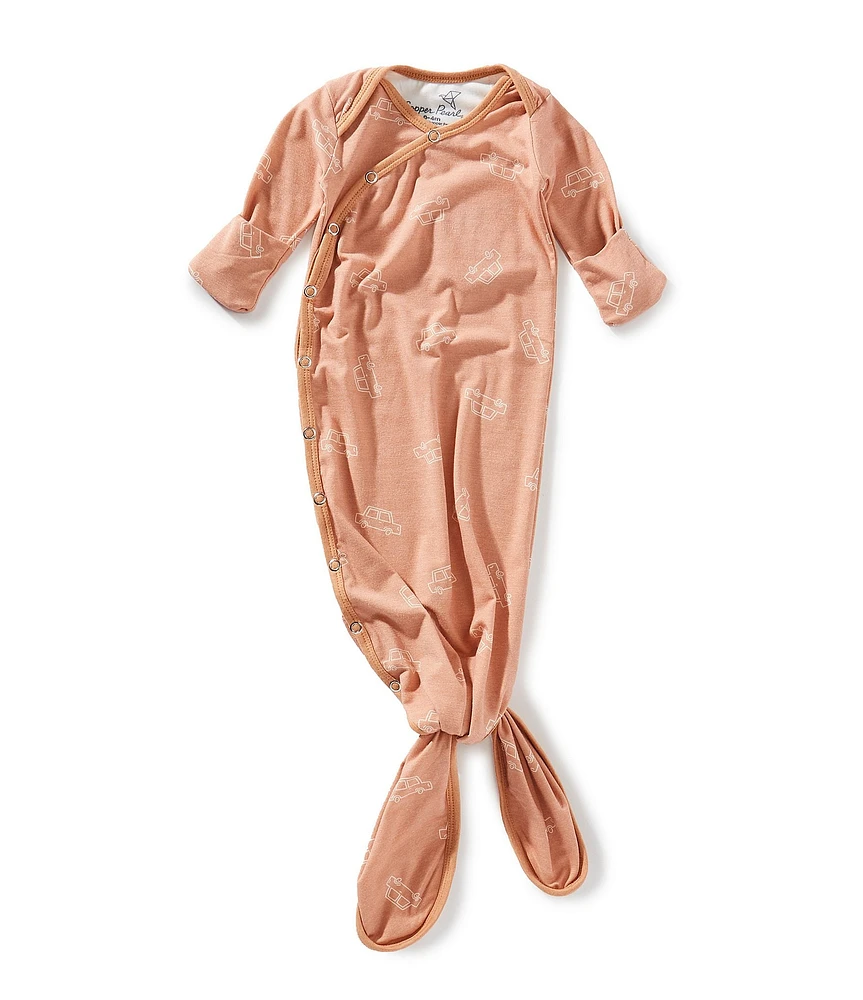 Copper Pearl Baby Boys Cooper Car Print Long-Sleeve Knotted Gown