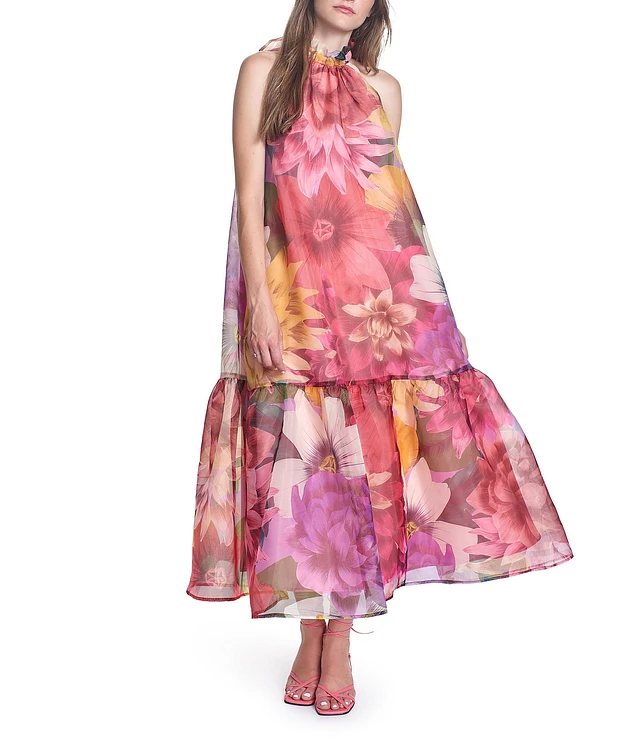 COREY LYNN CALTER Avalon Floral Organza Halter Neck A-Line Ruffle Hem  Sleeveless Midi Dress | Liberty Center