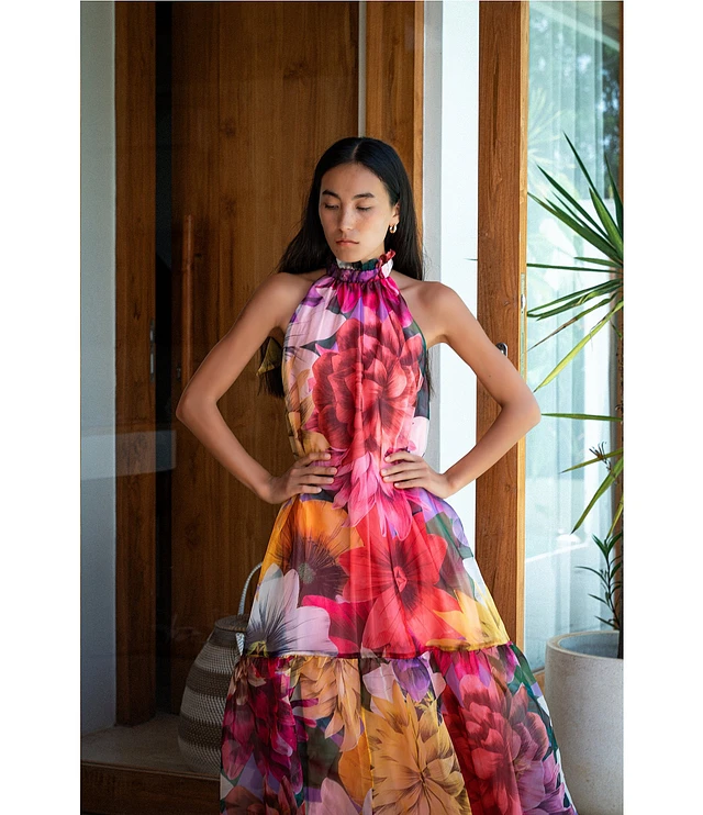corey lynn calter avalon halter dress COREY LYNN CALTER Avalon Floral Organza Halter Neck A-Line Ruffle Hem Sleeveless Midi Dress