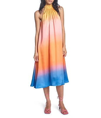 COREY LYNN CALTER Zuni Woven Satin Ombre Print Halter Neck Sleeveless Midi Dress