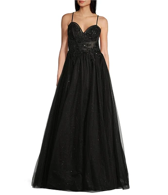 Coya Collection Beaded Applique Glitter Tulle Sweetheart Neck Spaghetti Strap Fitted Corset Bodice Dress