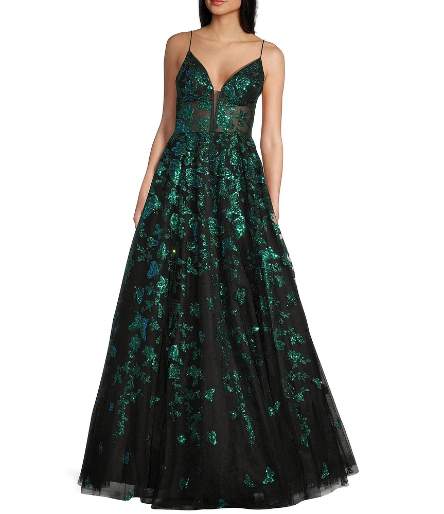 Coya Collection Butterfly Floral Glitter Print Deep V-Neck Spaghetti Strap A-Line Gown